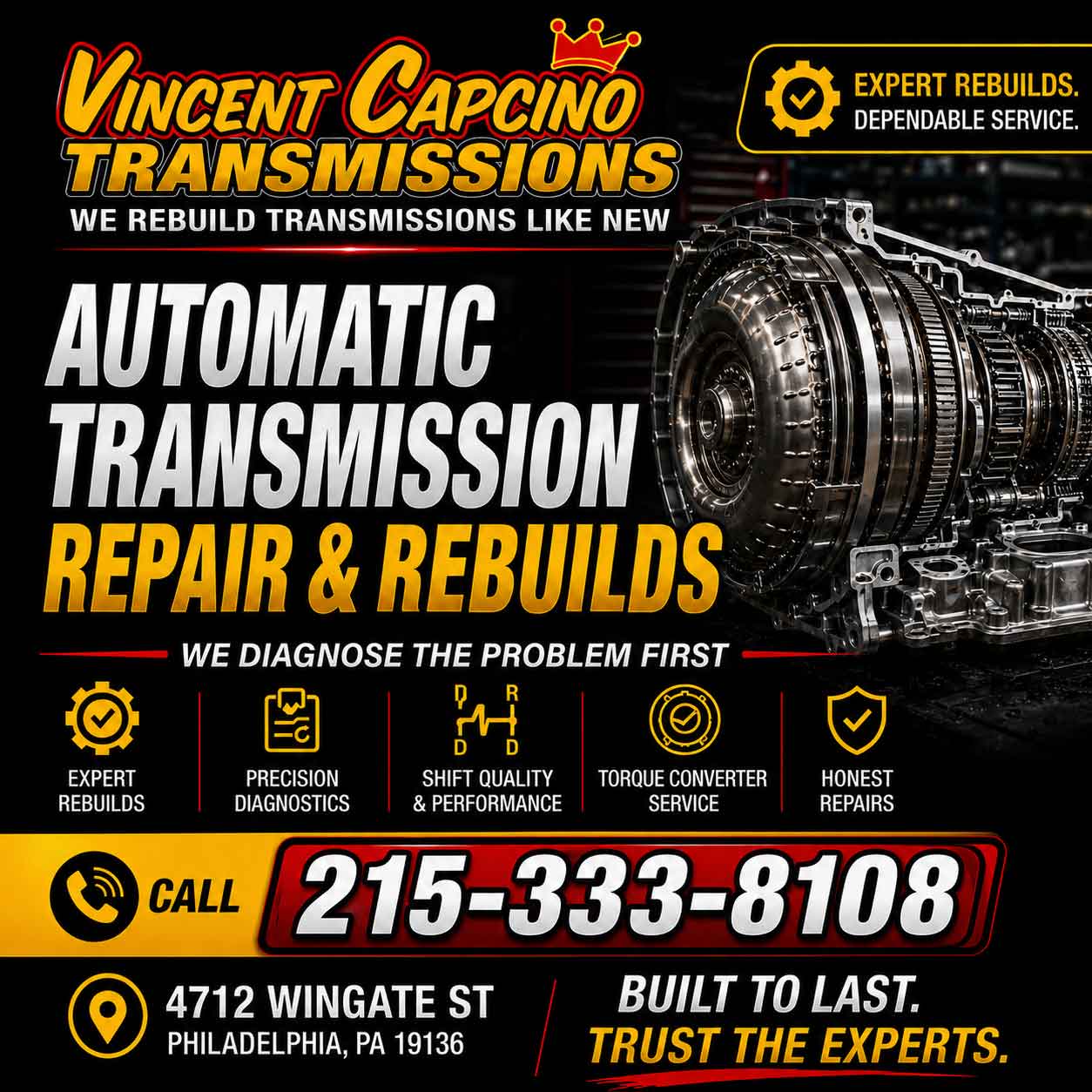 Bensalem Transmission Leak Repair 19020 Bucks County

Bucks County Transmission Leak Repair Bensalem 19020 Vince Capcino Transmissions repairs transmission fluid leaks, transmission seals, pan gaskets, cooler lines, low fluid problems, transmission servicing and rebuilds.