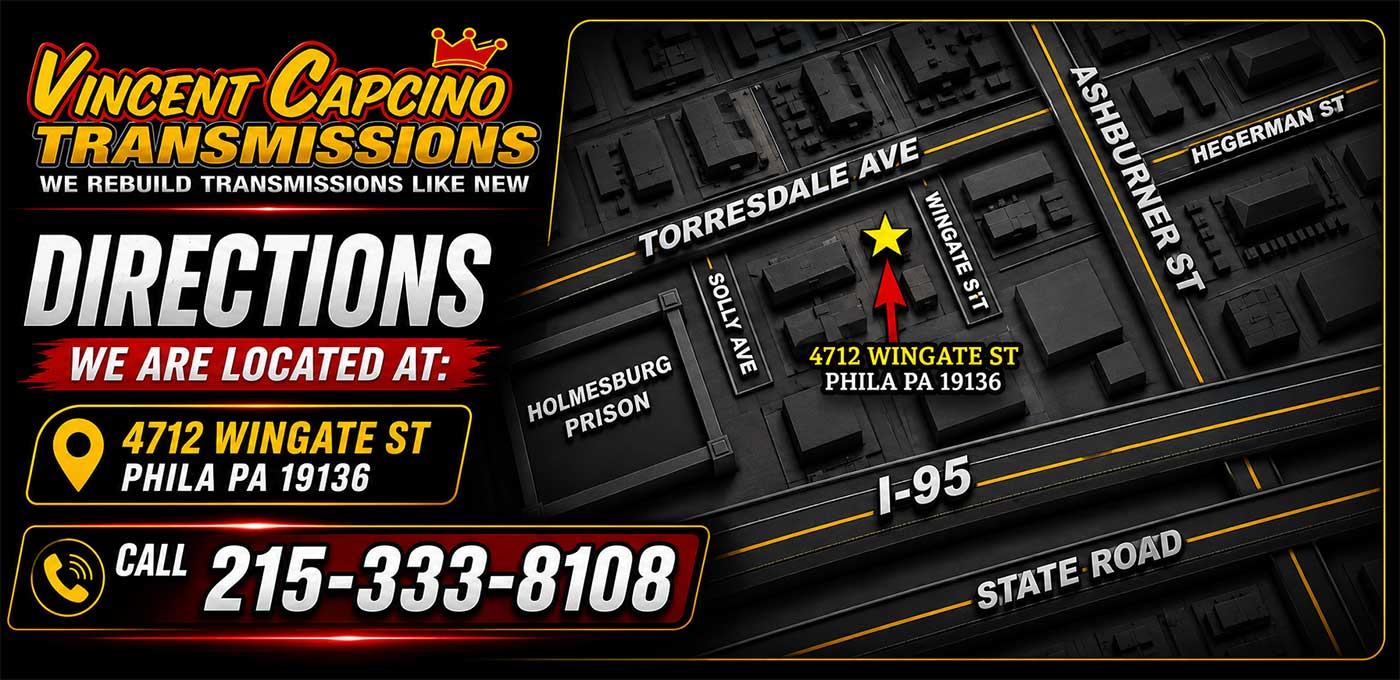 Bucks County Transmission Leak Repair Bensalem 19020 Vince Capcino Transmissions repairs transmission fluid leaks, transmission seals, pan gaskets, cooler lines, low fluid problems, transmission servicing and rebuilds.