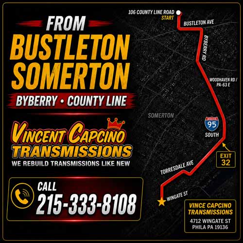 Bucks County Transmission Leak Repair Bensalem 19020 Vince Capcino Transmissions repairs transmission fluid leaks, transmission seals, pan gaskets, cooler lines, low fluid problems, transmission servicing and rebuilds.