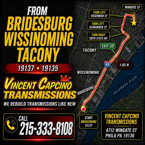 Bucks County Transmission Leak Repair Bensalem 19020 Vince Capcino Transmissions repairs transmission fluid leaks, transmission seals, pan gaskets, cooler lines, low fluid problems, transmission servicing and rebuilds.