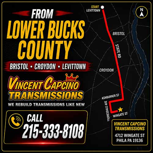 Bucks County Transmission Leak Repair Bensalem 19020 Vince Capcino Transmissions repairs transmission fluid leaks, transmission seals, pan gaskets, cooler lines, low fluid problems, transmission servicing and rebuilds.