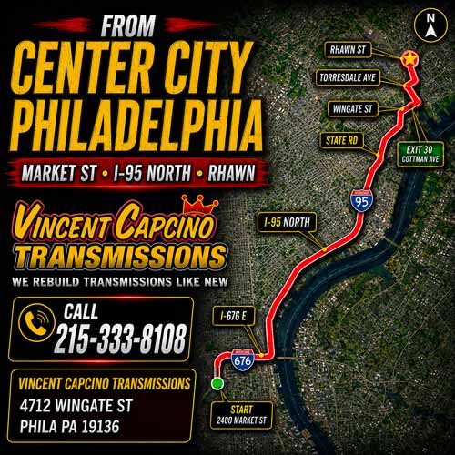 Bucks County Transmission Leak Repair Bensalem 19020 Vince Capcino Transmissions repairs transmission fluid leaks, transmission seals, pan gaskets, cooler lines, low fluid problems, transmission servicing and rebuilds.
