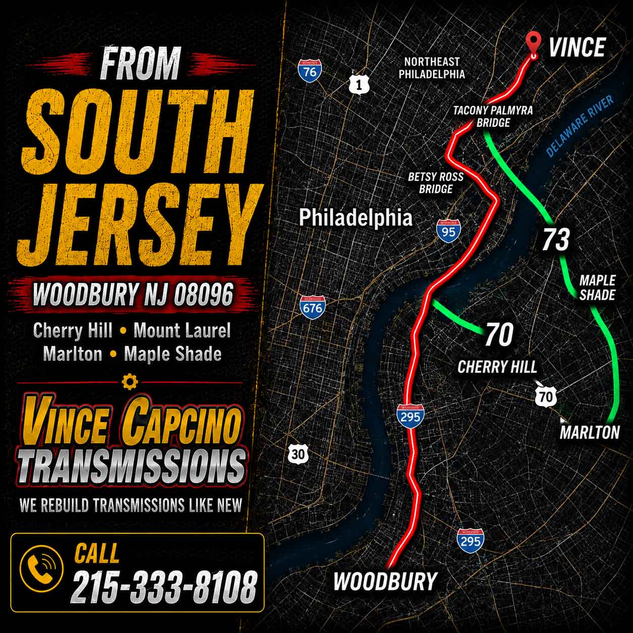 Bucks County Transmission Leak Repair Bensalem 19020 Vince Capcino Transmissions repairs transmission fluid leaks, transmission seals, pan gaskets, cooler lines, low fluid problems, transmission servicing and rebuilds.
