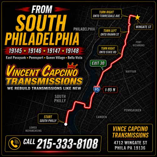 Bucks County Transmission Leak Repair Bensalem 19020 Vince Capcino Transmissions repairs transmission fluid leaks, transmission seals, pan gaskets, cooler lines, low fluid problems, transmission servicing and rebuilds.