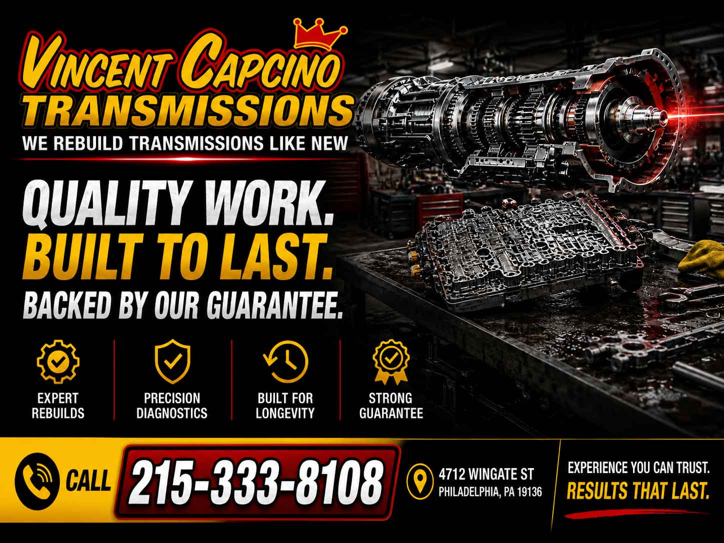 Bensalem Transmission Leak Repair 19020 Bucks County

Bucks County Transmission Leak Repair Bensalem 19020 Vince Capcino Transmissions repairs transmission fluid leaks, transmission seals, pan gaskets, cooler lines, low fluid problems, transmission servicing and rebuilds.