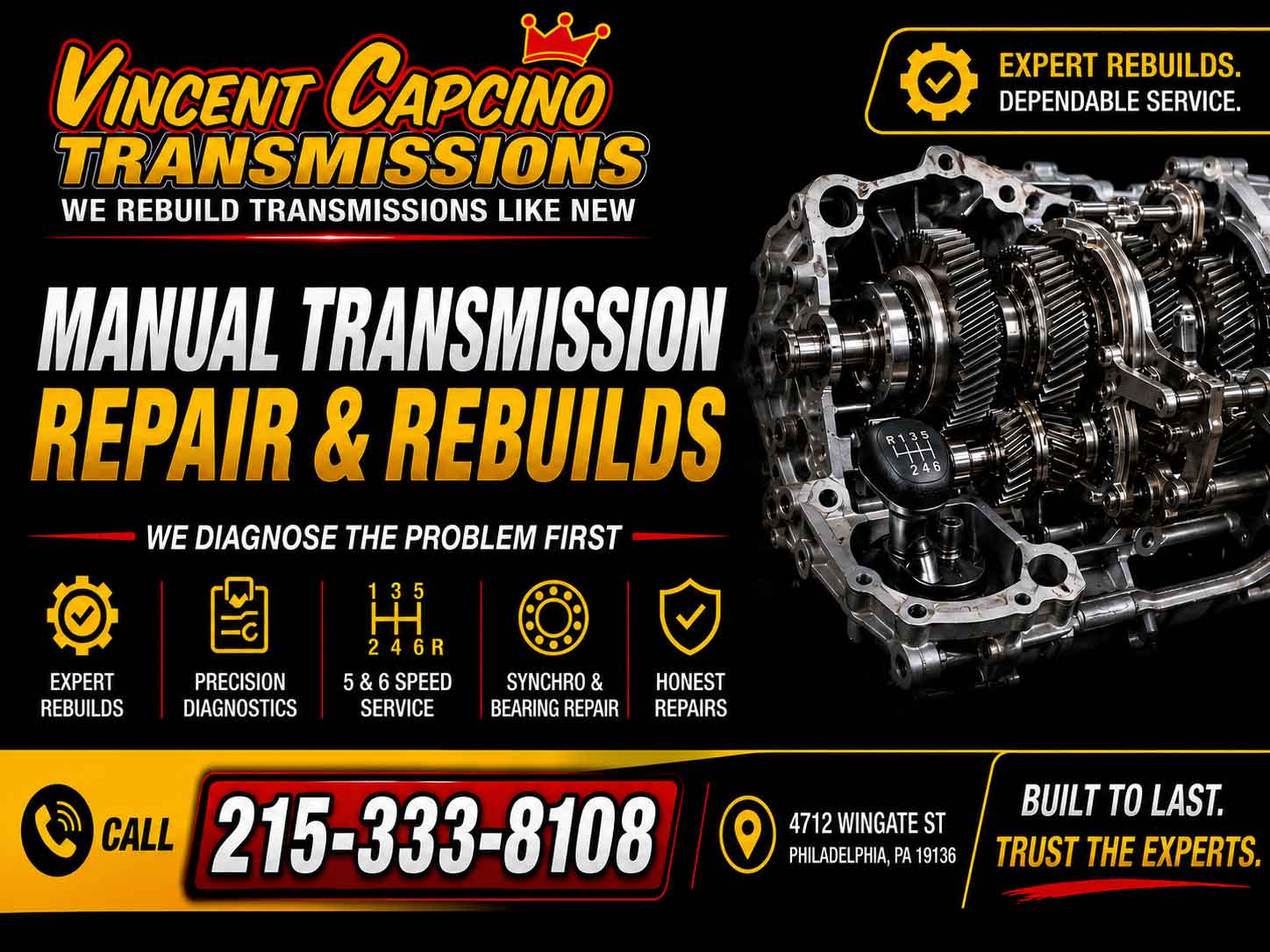 Bensalem Transmission Leak Repair 19020 Bucks County

Bucks County Transmission Leak Repair Bensalem 19020 Vince Capcino Transmissions repairs transmission fluid leaks, transmission seals, pan gaskets, cooler lines, low fluid problems, transmission servicing and rebuilds.
