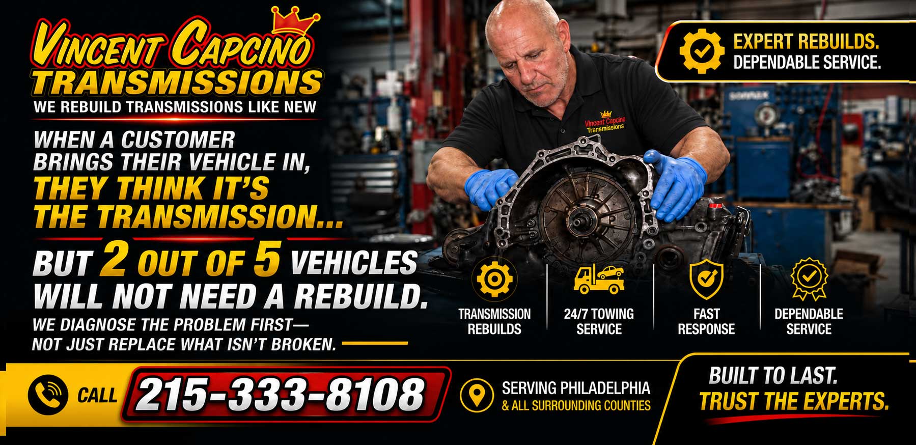 Transmission Repair 19136 Northeast Philadelphia. Transmission Repair Services include rebuilding Transmissions, installing used transmissions, Transmission filter and fluid changed. 